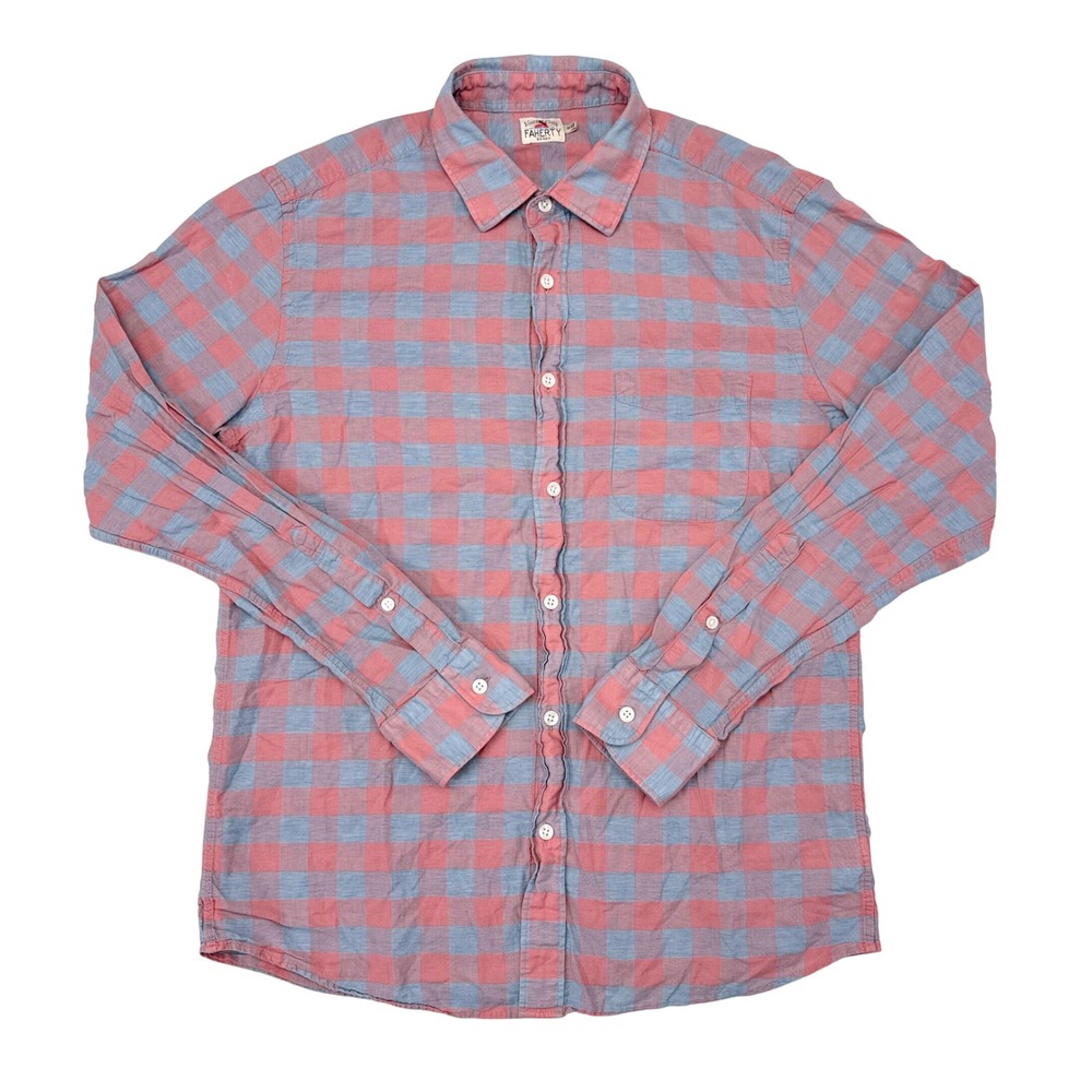 Faherty Breeze Shirt Mens Size Medium Pink Blue Plaid Button Down Casual Linen